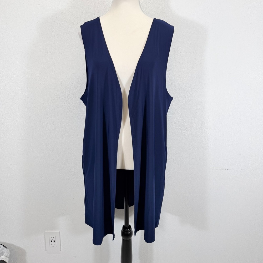 Attitudes by Renee Navy Como‎ Jersey Sleeveless Open Front Duster Vest Pockets L